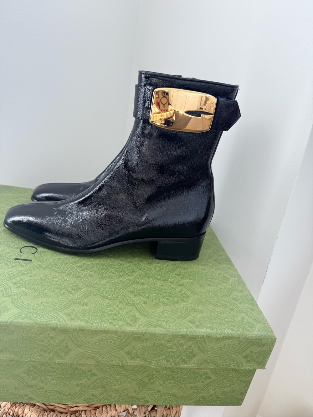 Gucci Black Leather Ankle Booties with Gold Buckle